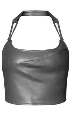 Tall Charcoal Faux Leather Halterneck Crop Top