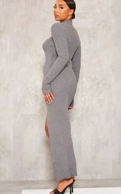 Tall Charcoal Knitted Ribbed Side Split Maxi Dress