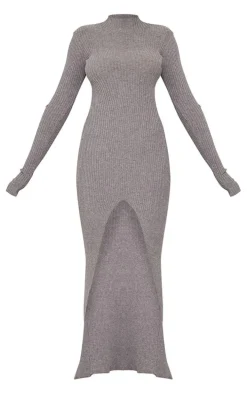 Tall Charcoal Knitted Ribbed Side Split Maxi Dress