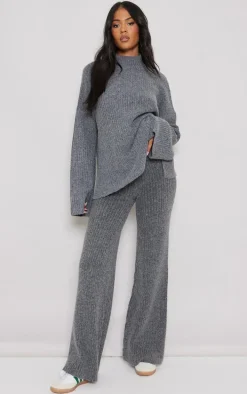 Tall Charcoal Luxe Rib Knit Wide Leg Pants