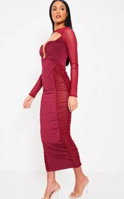 Tall Cherry Red Cut Out Detail Mesh Ruched Midaxi Dress