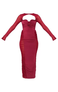 Tall Cherry Red Cut Out Detail Mesh Ruched Midaxi Dress