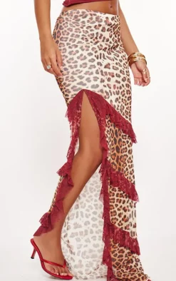 Tall Cherry Red Leopard Print Lined Mesh Thigh Split Lace Trim Maxi Skirt