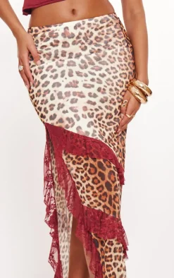 Tall Cherry Red Leopard Print Lined Mesh Thigh Split Lace Trim Maxi Skirt