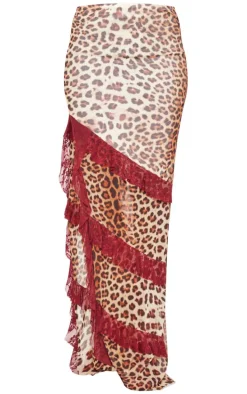 Tall Cherry Red Leopard Print Lined Mesh Thigh Split Lace Trim Maxi Skirt
