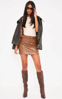 Tall Chocolate Faux Leather Belted Micro Mini Skirt