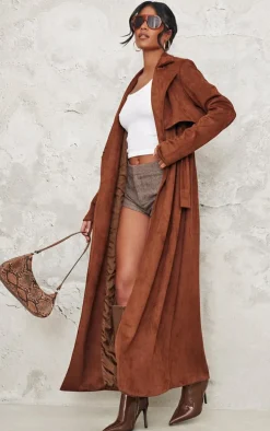 Tall Chocolate Faux Suede Belted Maxi Trench Coat