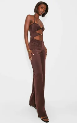 Tall Chocolate Halterneck Cut Out Trim Detail Jumpsuit
