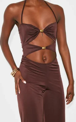 Tall Chocolate Halterneck Cut Out Trim Detail Jumpsuit