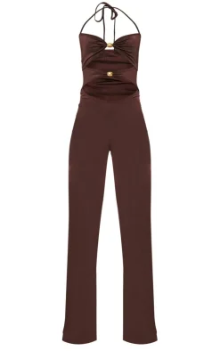 Tall Chocolate Halterneck Cut Out Trim Detail Jumpsuit