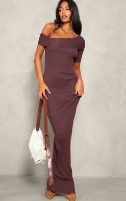 Tall Chocolate Rib Knit Asymmetric Neck Maxi Dress