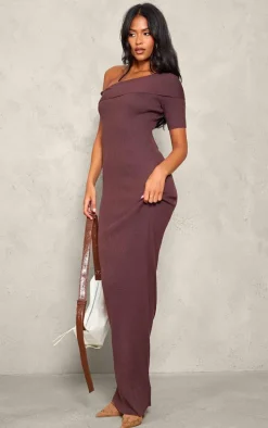 Tall Chocolate Rib Knit Asymmetric Neck Maxi Dress