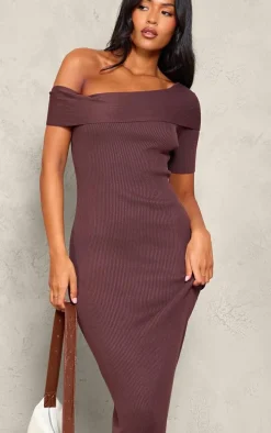 Tall Chocolate Rib Knit Asymmetric Neck Maxi Dress