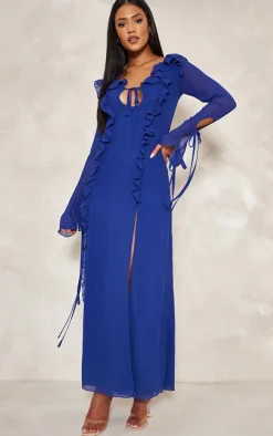 Tall Cobalt Long Sleeve Frilled Maxi Dress