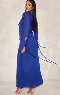 Tall Cobalt Long Sleeve Frilled Maxi Dress