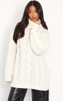 Tall Cream Chunky Cable Knit Turtle Neck Sweater