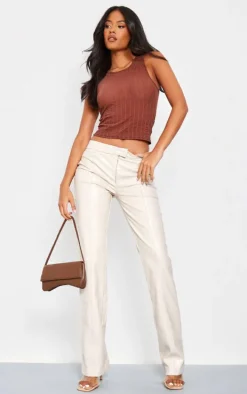 Tall Cream Faux Leather Low Rise Textured Straight Leg Pants