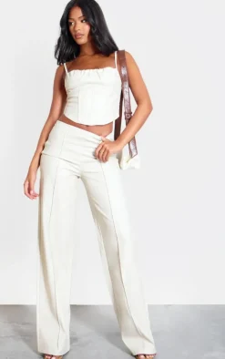 Tall Cream Faux Leather Seam Detail Wide Leg Pants