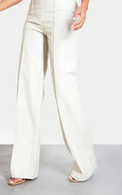 Tall Cream Faux Leather Seam Detail Wide Leg Pants