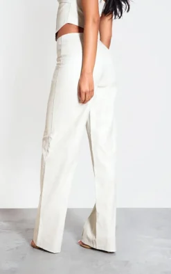 Tall Cream Faux Leather Seam Detail Wide Leg Pants