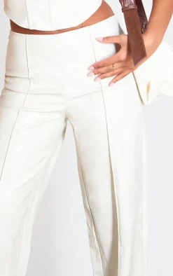 Tall Cream Faux Leather Seam Detail Wide Leg Pants