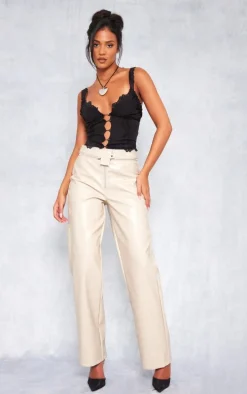 Tall Cream Faux Leather Zip Detail Straight Leg Pant