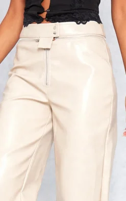 Tall Cream Faux Leather Zip Detail Straight Leg Pant