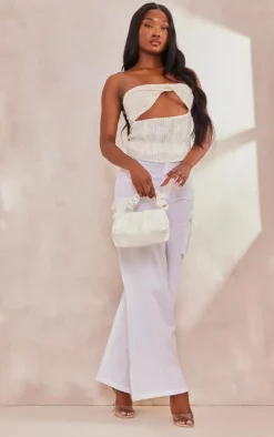 Tall Cream Satin Textured Bandeau Crop Top