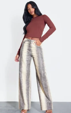 Tall Cream Snake Print High Waist Wide Leg Jeans