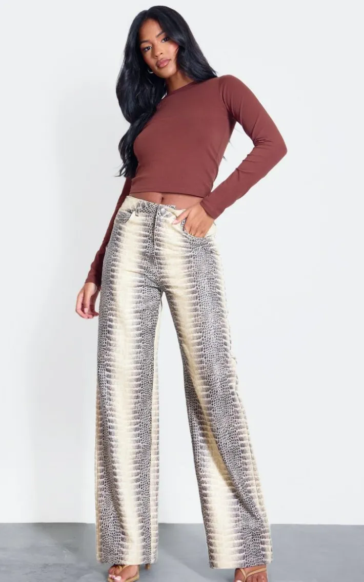 Tall Cream Snake Print High Waist Wide Leg Jeans