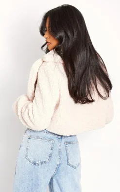 Tall Cream Teddy Fur Button Cropped Coat