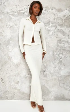 Tall Cream Textured Button Front Long Top