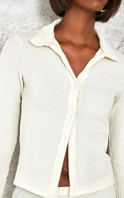 Tall Cream Textured Button Front Long Top