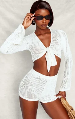 Tall Cream Textured Knot Front Detail Crop Top