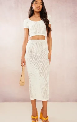 Tall Cream Textured Low Rise Midaxi Skirt