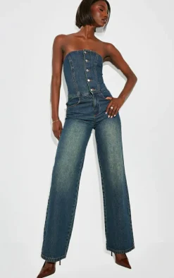 Tall Dark Indigo Bandeau Wide Leg Denim Jumpsuit