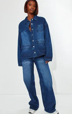 Tall Dark Indigo Wash Front Pocket Detail Boxy Denim Jacket