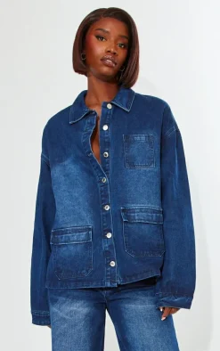 Tall Dark Indigo Wash Front Pocket Detail Boxy Denim Jacket