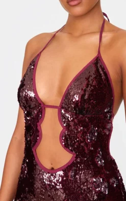 Tall Dark Red Sequin Plunge Halter Neck Maxi Dress