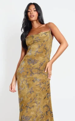 Tall Green Devore Cowl Neck Lace Up Back Maxi Dress