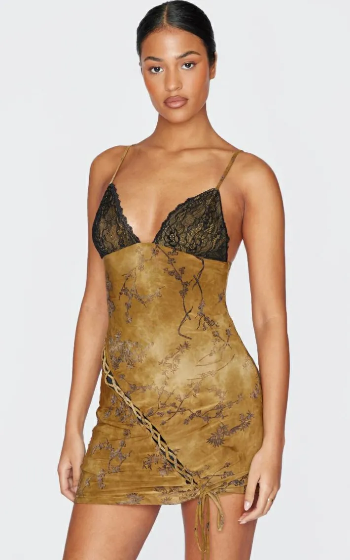 Tall Green Devore Lace Up Detail Mini Dress