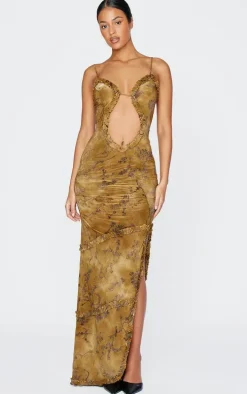 Tall Green Floral Printed Devore Cut Out Cami Spilt Hem Maxi Dress