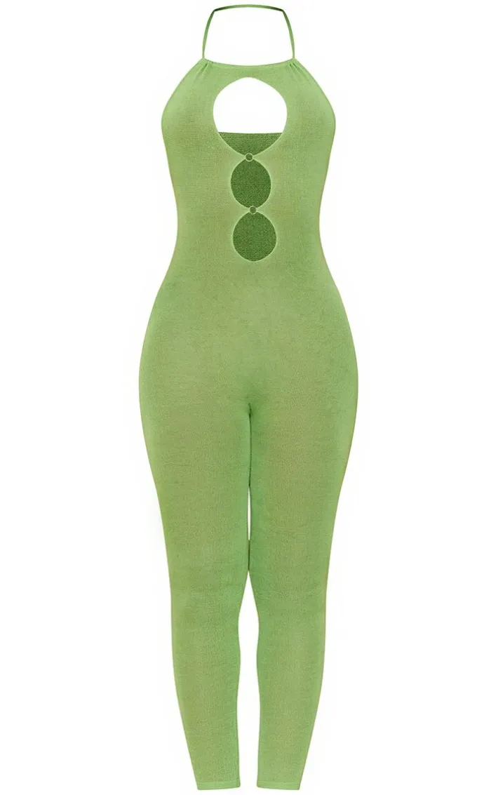 Tall Green Sheer Knit Cut Out Jumpsuit