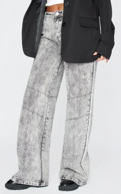 Tall Grey Acid Wash Low Rise Wide Leg Denim Jeans