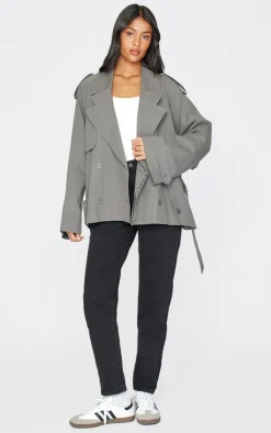 Tall Grey Cropped Oversized Trench Coat