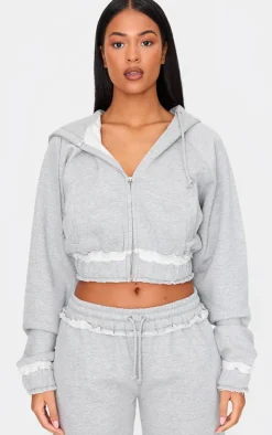 Tall Grey Marl Distressed Hem Cropped Zip Up Hoodie
