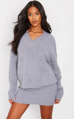 Tall Grey Marl Fluffy Knitted V Neck Sweater