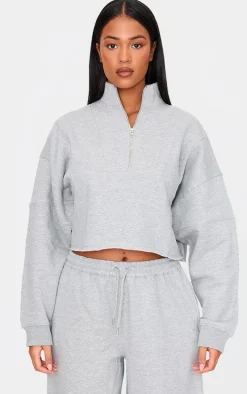 Tall Grey Marl Half Zip Crop Sweatshirt