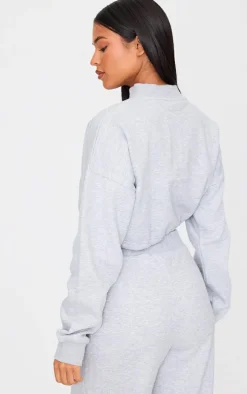 Tall Grey Marl High Neck Tie Waist Crop Sweatshirt