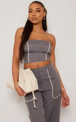Tall Grey Pinstripe Bandeau Zip Up Top